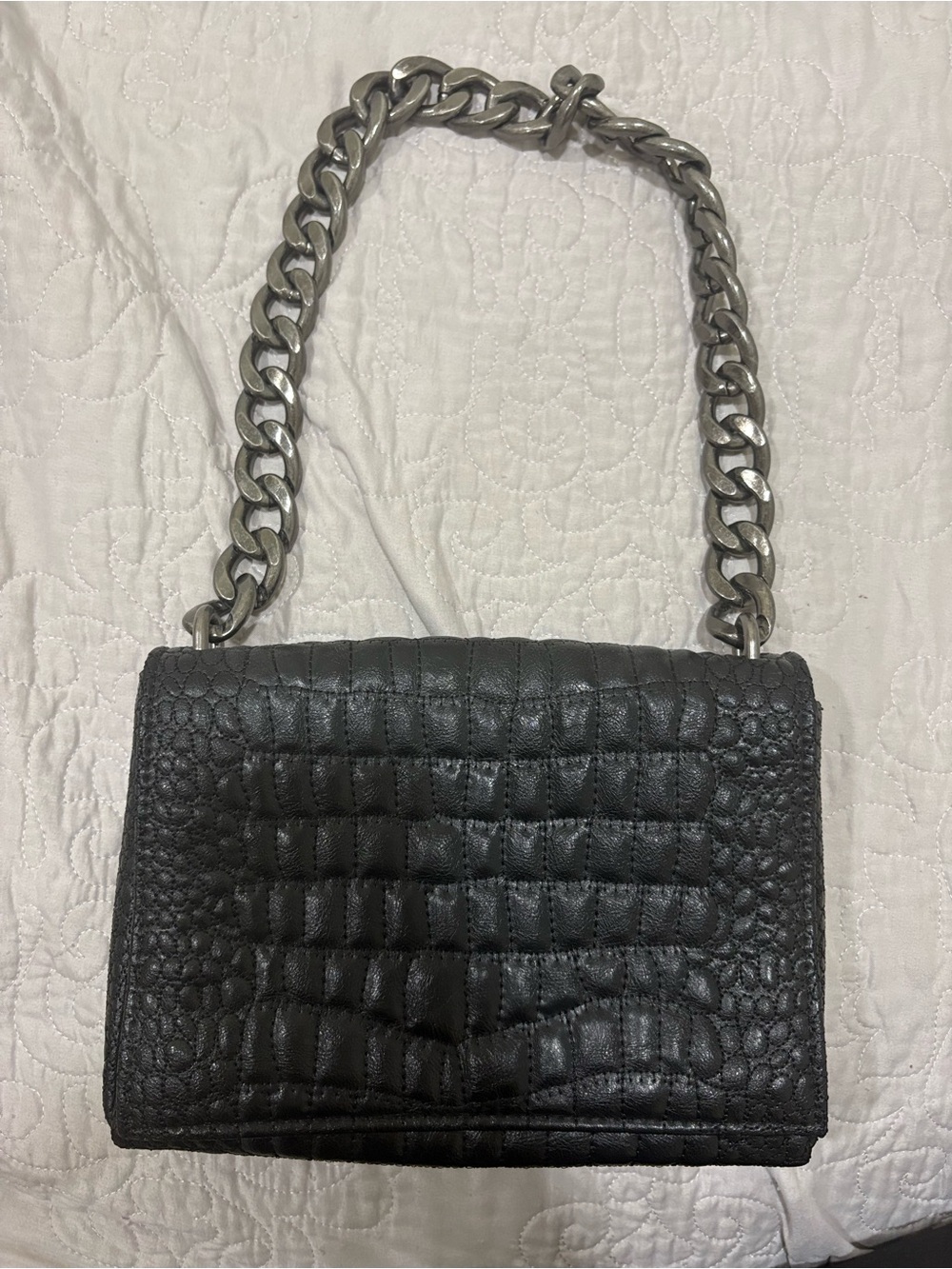 Zara Black Croc-Embossed Leather Shoulder Bag with Chain Strap